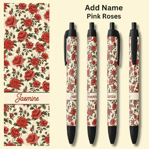 Name Red Roses on Cream Black Ink Pen