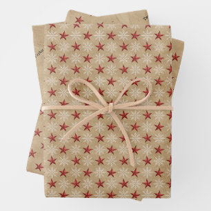 Name, Red Stars White Snowflakes Kraft Wrapping Paper Sheet