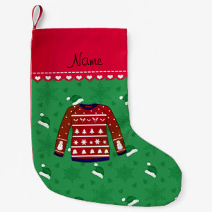 Name red ugly christmas sweater green santa hats small christmas stocking