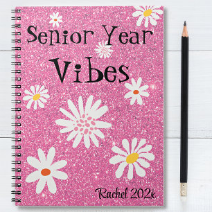 Name, Retro Sparkly Hot Pink Senior Year Vibes Notebook