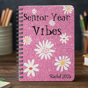 Name, Retro Sparkly Hot Pink Senior Year Vibes Notebook
