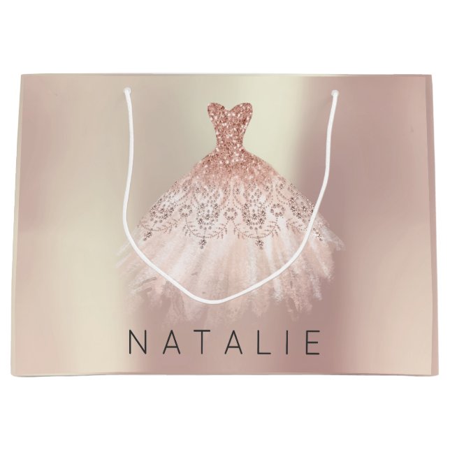 Name Rose Blush Pearl Pink Dress Glitter Princess Large Gift Bag (Front)
