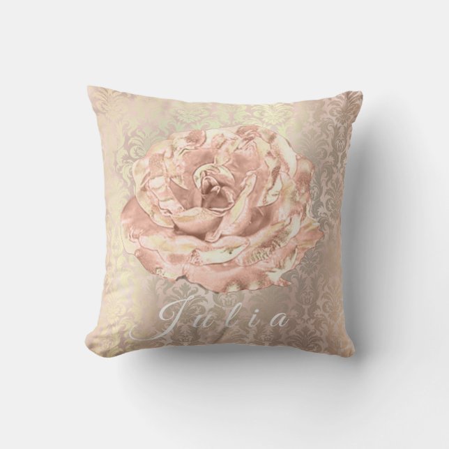 Name Rose Gold Flower Pearly Damask Lux Salmon Cushion (Front)