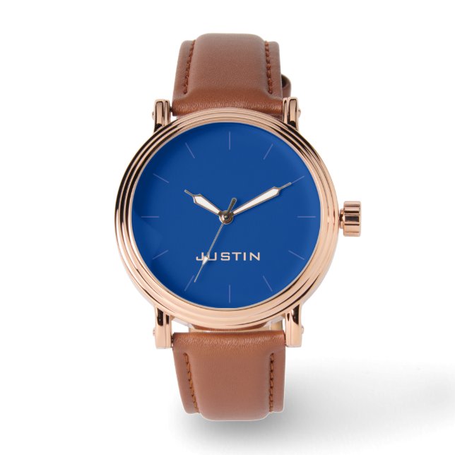 Name, Rose Gold Men's Blue Face Brown Band Wrist Watch (Front)