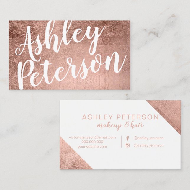 Name rose gold white hair makeup typography business card (Front/Back)
