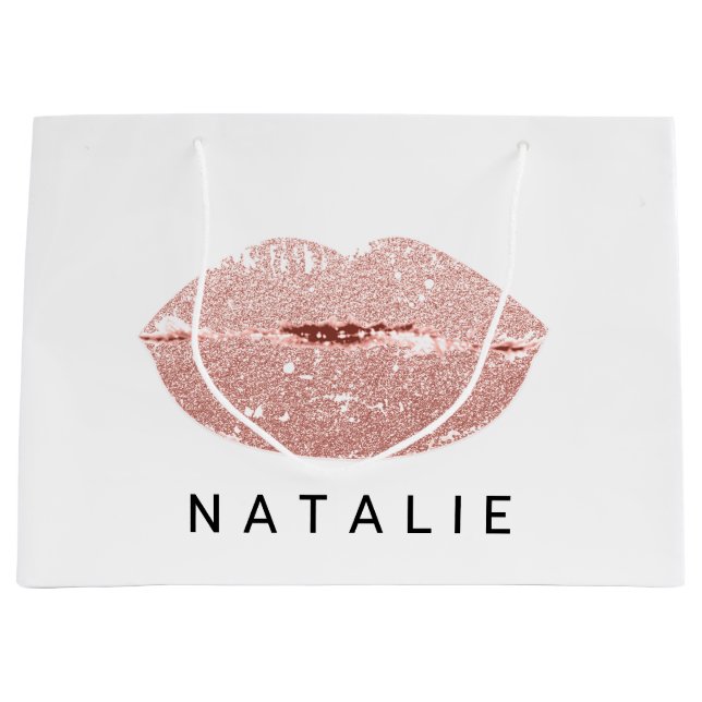 Name Rose Kiss Lips Glitter Grey Minimalim  Large Gift Bag (Front)