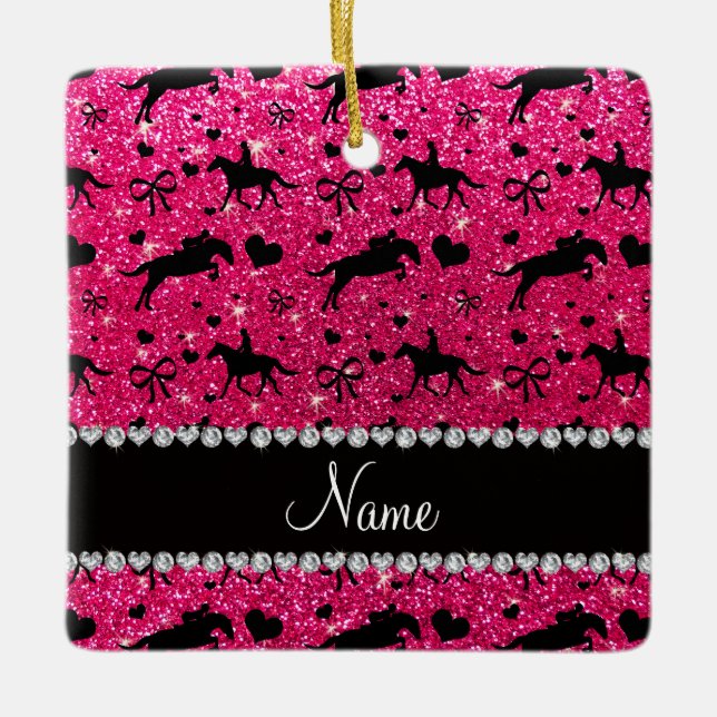 Name rose pink glitter equestrian hearts bows ceramic tree decoration (Front)