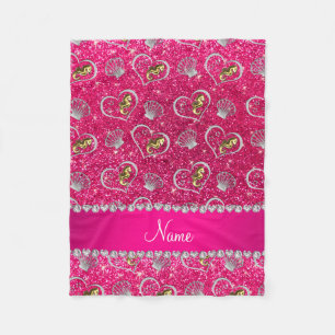 Name rose pink glitter gold seahorses silver shell fleece blanket