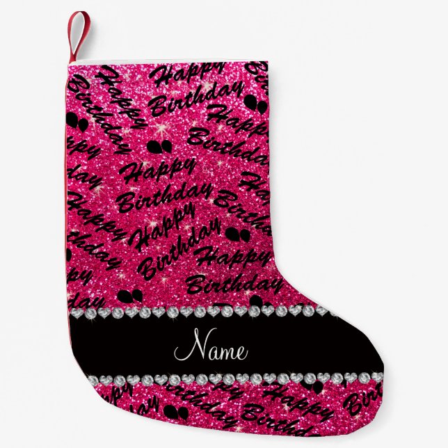 Name rose pink glitter happy birthday balloons small christmas stocking (Front)