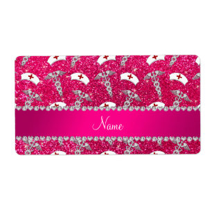 Name rose pink glitter nurse hats silver caduceus