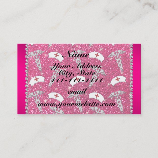 Name rose pink glitter nurse hats silver caduceus business card (Front)