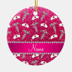 Name rose pink glitter nurse hats silver caduceus ceramic tree decoration