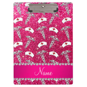 Name rose pink glitter nurse hats silver caduceus clipboard