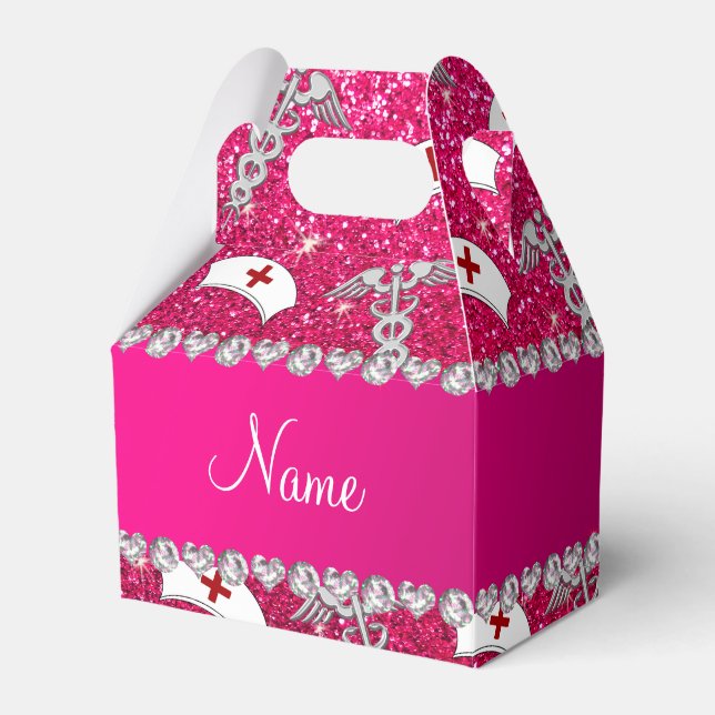 Name rose pink glitter nurse hats silver caduceus favour box (Front Side)