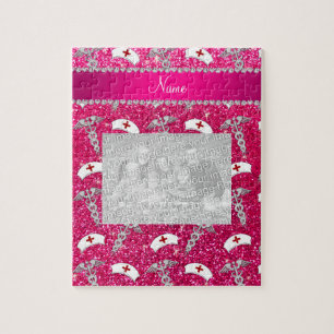 Name rose pink glitter nurse hats silver caduceus jigsaw puzzle