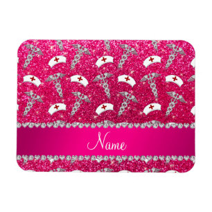 Name rose pink glitter nurse hats silver caduceus magnet