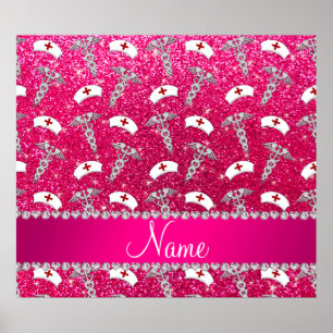 Name rose pink glitter nurse hats silver caduceus poster