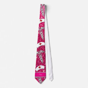 Name rose pink glitter nurse hats silver caduceus tie