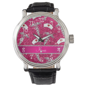 Name rose pink glitter nurse hats silver caduceus watch