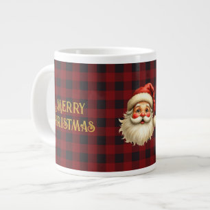 Name, Santa Clause Black & Red Buffalo Check Jumbo Large Coffee Mug