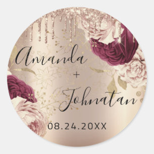Name Save The Date  Gold Drips Roses Florals Classic Round Sticker