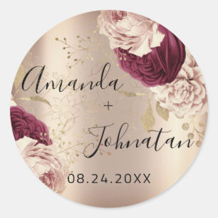 Name Save The Date  Gold Pink Roses Florals Classic Round Sticker