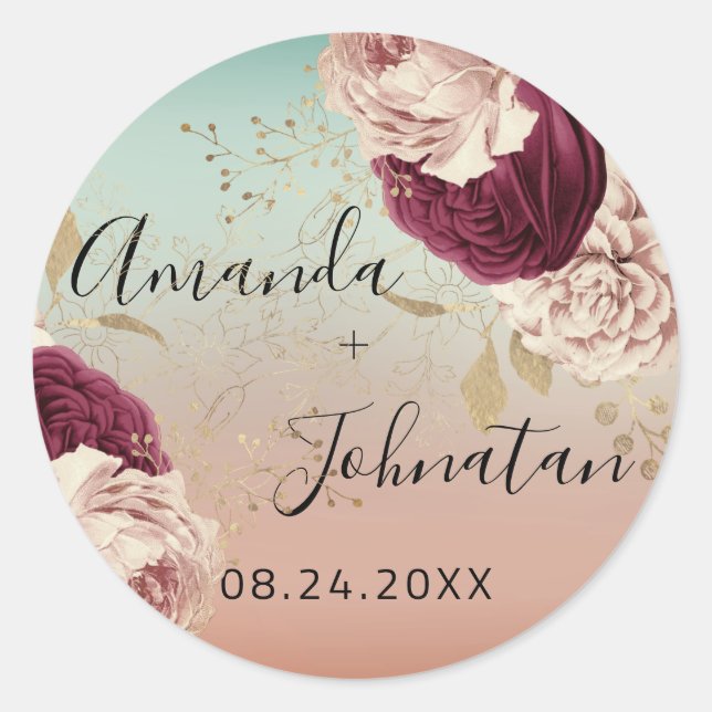 Name Save The Date  Rose Gold  Florals Blue Classic Round Sticker (Front)