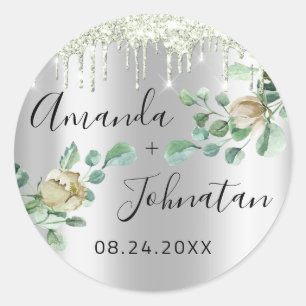 Name Save The Date Silver Drips Mint Green Classic Round Sticker