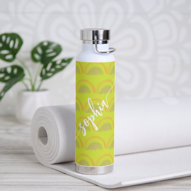 Name script colourful rainbow pattern personalised water bottle (Yoga)