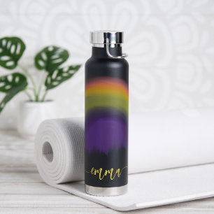 Name script colourful rainbow personalised black water bottle