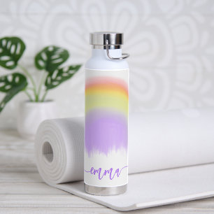 Name script colourful rainbow personalised water bottle