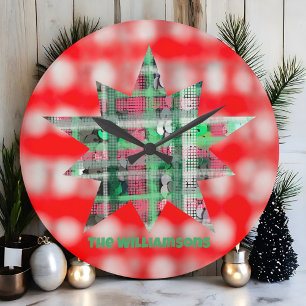 Name script festive star plaid red green white  large clock