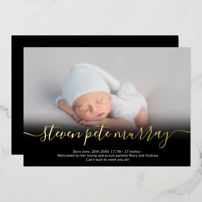 Name script gold photo baby birth announcement (Front/Back)
