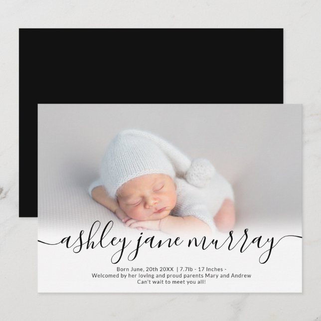 Name script heart photo black neutral baby birth announcement (Front/Back)