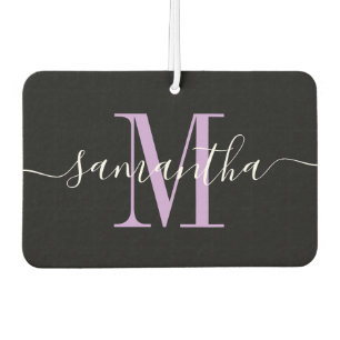 Name Script Lavender Monogram Heart Photo Black Car Air Freshener