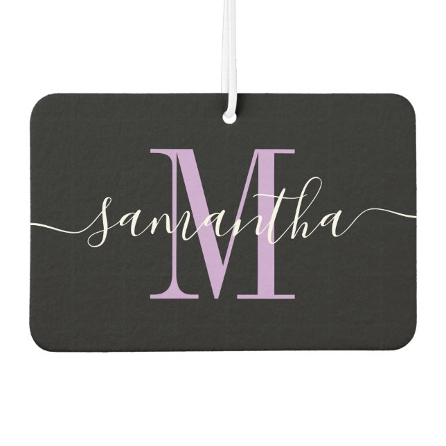 Name Script Lavender Monogram Heart Photo Black Car Air Freshener (Front)