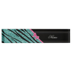 Name seafoam green glitter zebra stripes pink bow nameplate