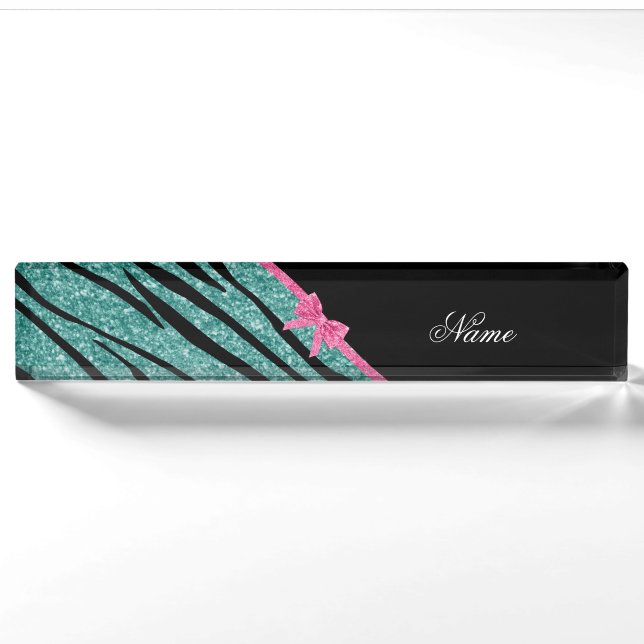 Name seafoam green glitter zebra stripes pink bow nameplate (Front)