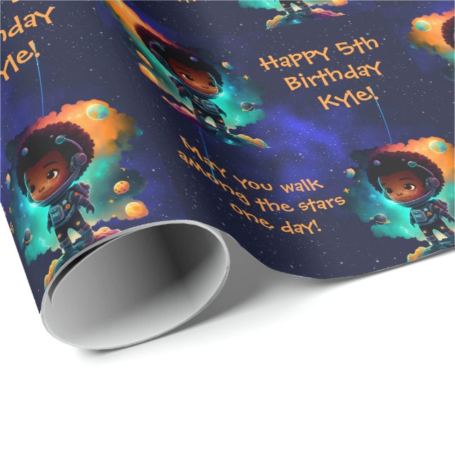 Name Sentiment African American Boy Astronaut  Wrapping Paper (Roll Corner)