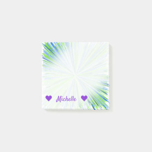 Name + Shades of Green and Blue Line Burst Pattern Post-it Notes