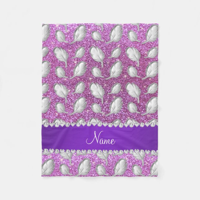 Name silver feathers pastel purple glitter fleece blanket (Front)