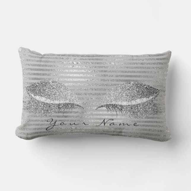 Name Silver Glitter Stripes Diamond  Makeup White Lumbar Cushion (Front)