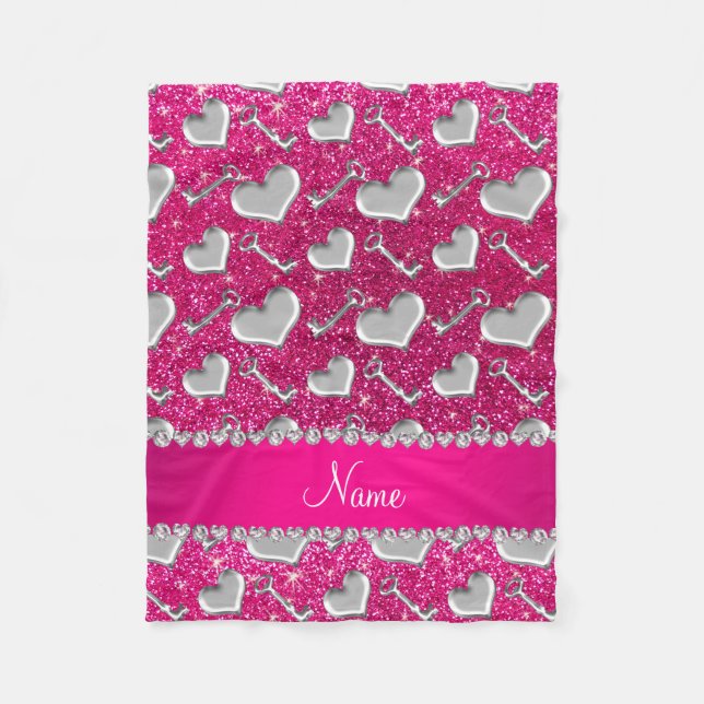 Name silver hearts keys neon hot pink glitter fleece blanket (Front)