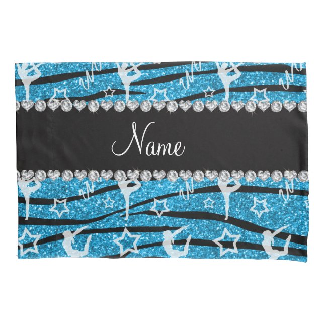 Name sky blue gymnastics glitter zebra stripes pillowcase (Front)