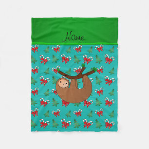 Name sloth turquoise candy canes christmas trees fleece blanket