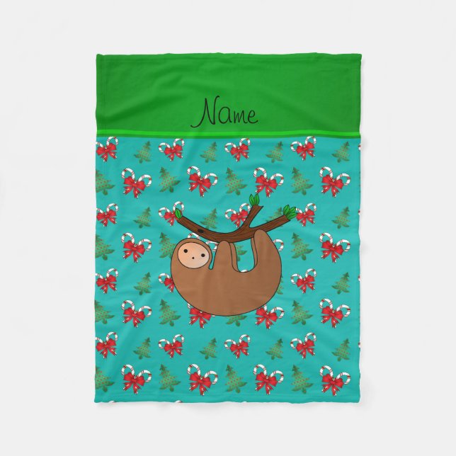 Name sloth turquoise candy canes christmas trees fleece blanket (Front)