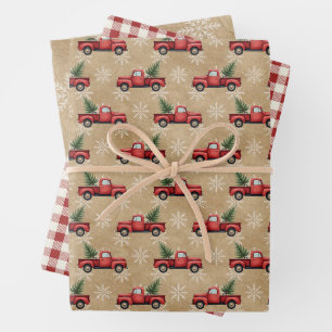 Name Snowflakes Vintage Red Truck Plaid Farmhouse Wrapping Paper Sheet