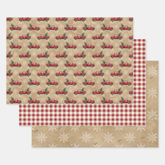 Name Snowflakes Vintage Red Truck Plaid Farmhouse Wrapping Paper Sheet