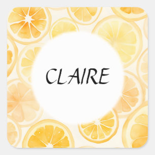 Name Soft Oranges and Lemons Watercolor Pattern Square Sticker