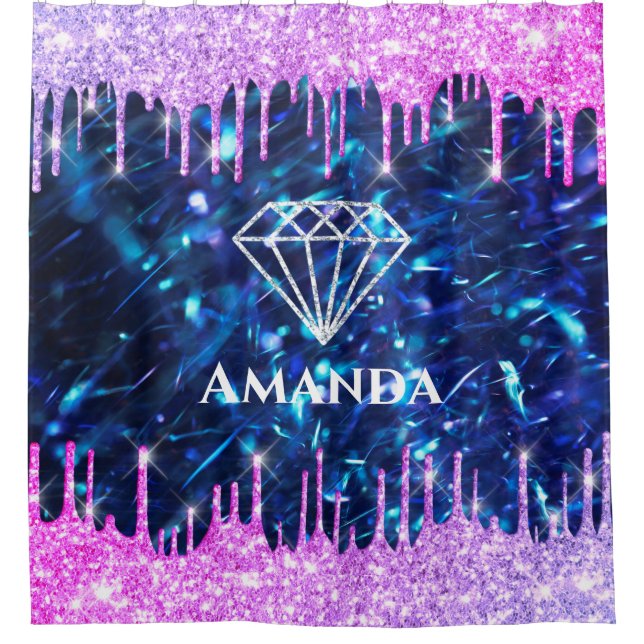 Name Sparkly Glitter Drips Pink Navy Blue Bride Shower Curtain (Front)